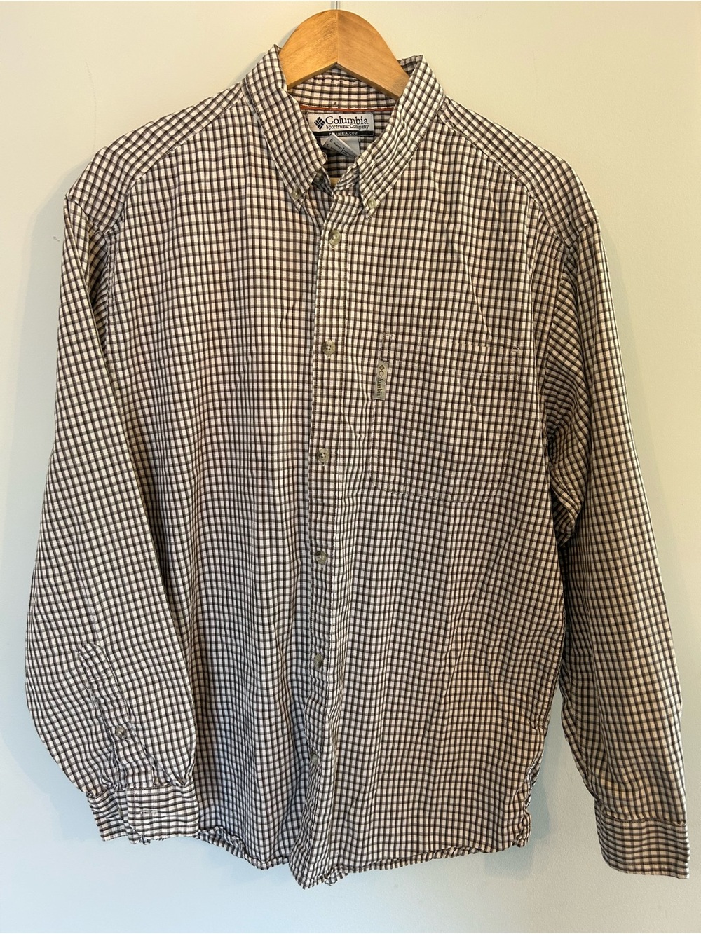 Columbia Men's Brown and White Check Gingham Button Down Shirt Outdoors L
